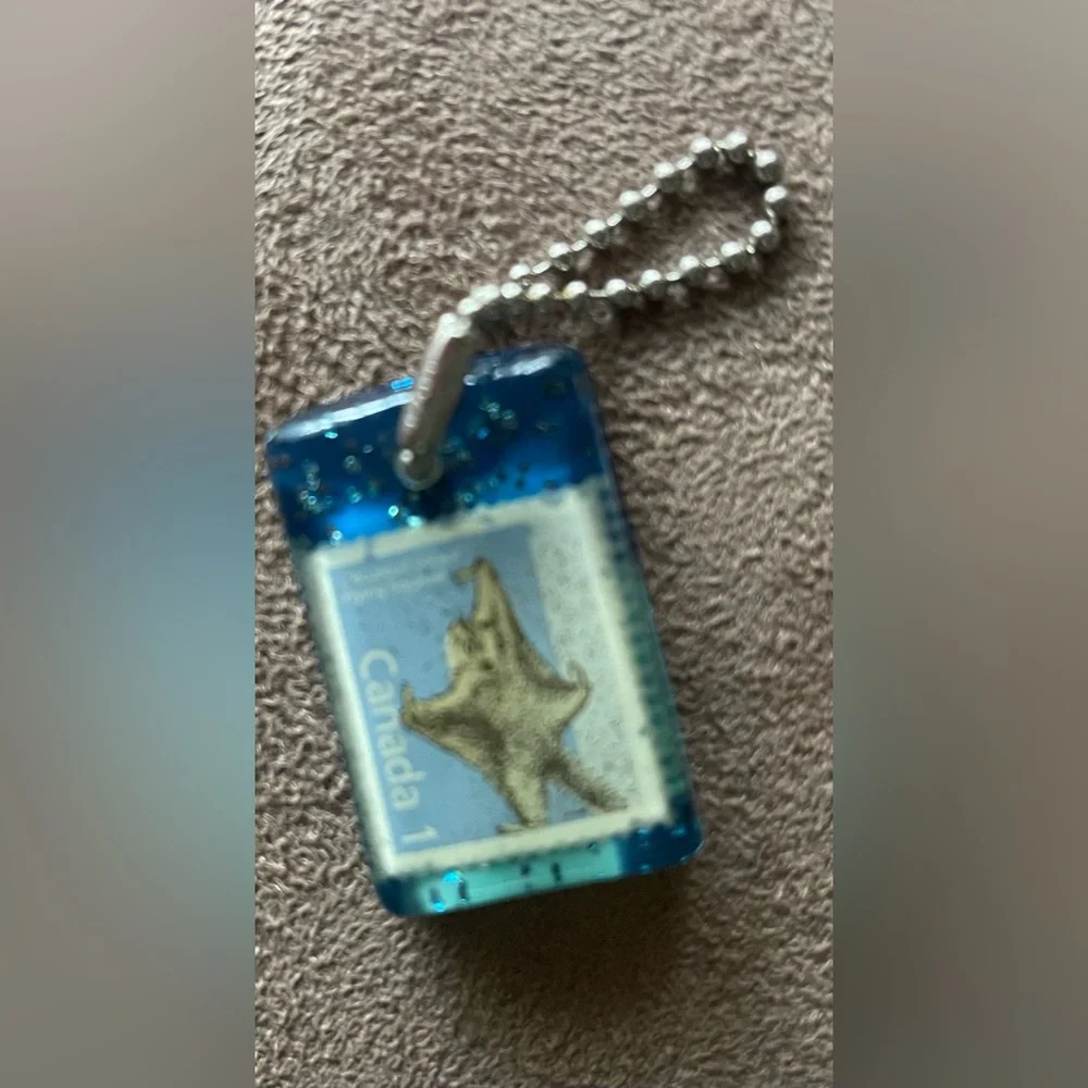 Vintage 1988 Canada Flying Squirrel Stamp Resin Keychain Blue Glitter Souvenir
